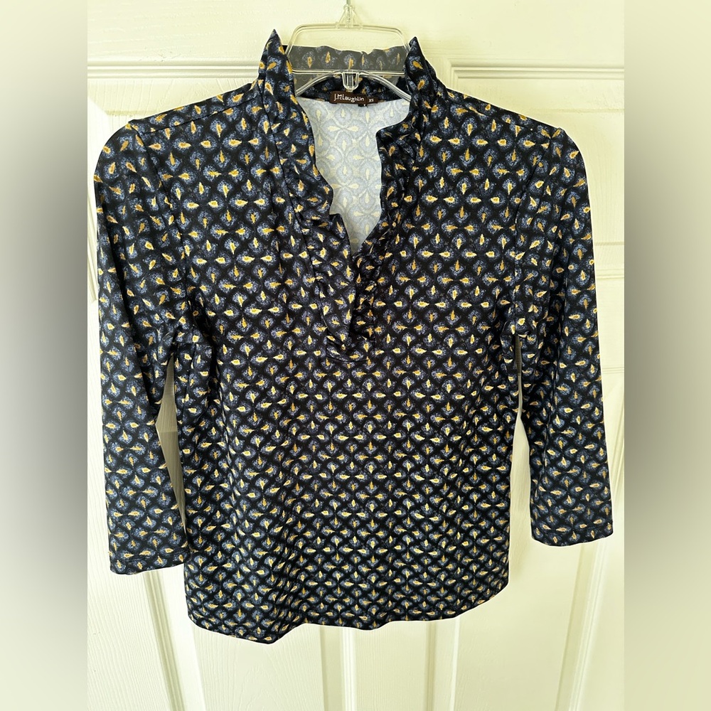 J. McLaughlin Navy and Gold Ruffled Neckline Top